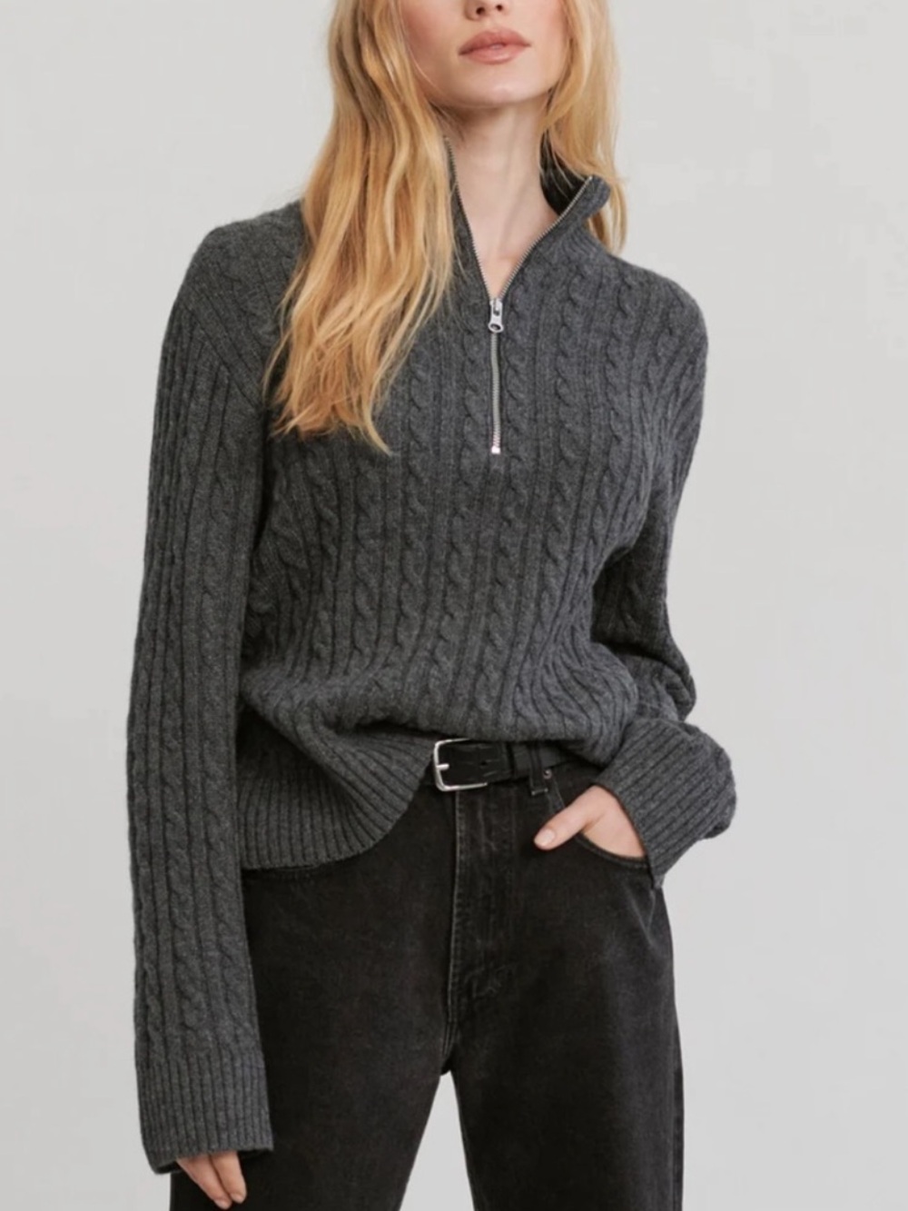 JENNI KAYNE Nell Cable Knit 1/4 Zip Cashmere/ Wool Grey Sweater, Size XS